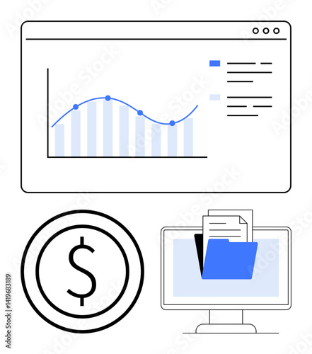 Graph with rising trendline on web interface, dollar sign in circle, and document folder on monitor. Ideal for finance, analytics, technology, business growth, data management, organization simple