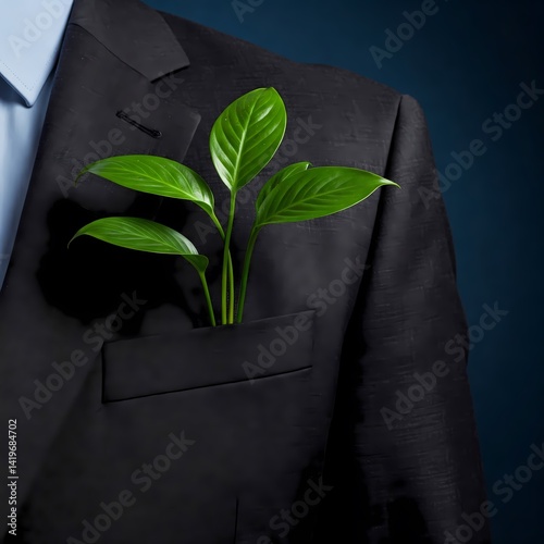 A young green plant is tucked into the left breast pocket of a suit.