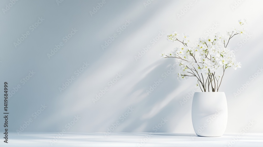 Fototapeta premium Minimalist, light-filled space with delicate white blossoms in a vase