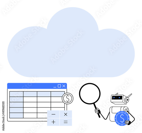 Spreadsheet, calculator, robot analyzing data, magnifying glass, cloud backdrop. Ideal for finance, AI, cloud storage data analysis automation cybersecurity technology. Flat simple metaphor