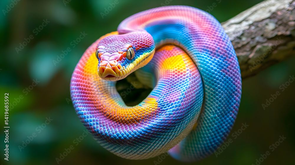 Fototapeta premium Colorful Snake Coiled on Branch Vibrant Scales Rainbow Hues Exotic Reptile Forest Wildlife Nature Photography