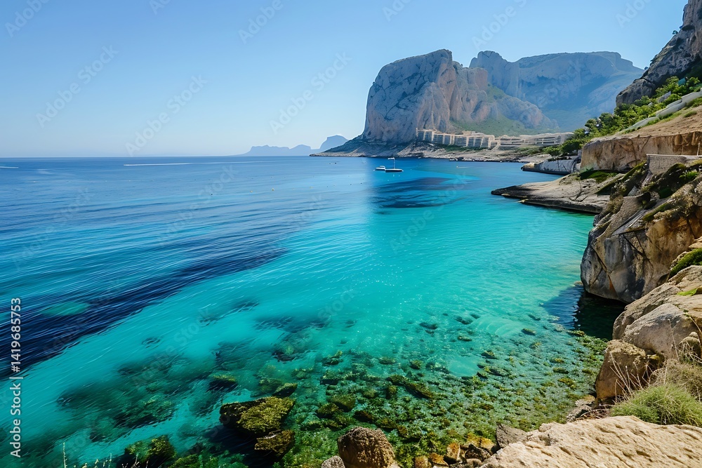 Fototapeta premium Scenic Coastal Landscape with Turquoise Waters and Rugged Cliffs Under Blue Sky