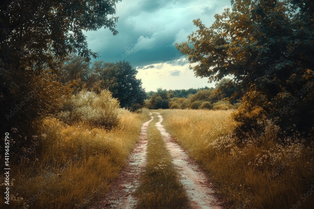 Fototapeta premium Country Road Under a Cloudy Sky