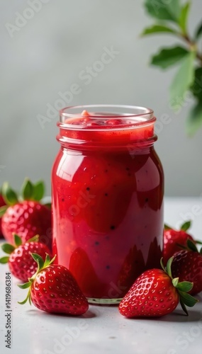 Wallpaper Mural Glass jar filled with homemade strawberry jam, fresh berries , juicy, strawberry jam, vibrant Torontodigital.ca
