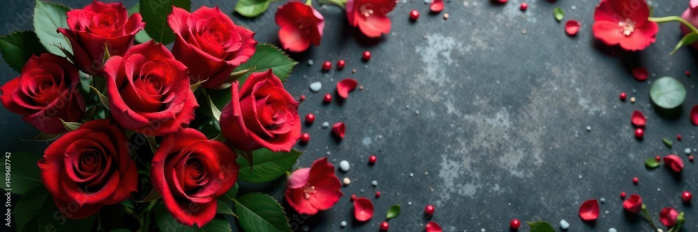Luxurious red roses bouquet, stone backdrop Valentine's Day card , petals, stock photo Luxurious red roses bouquet, stone backdrop Valentine's Day card , petals, stock photo