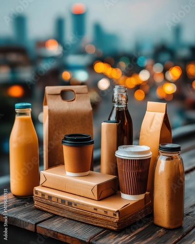 Wallpaper Mural A collection of assorted beverages and food packaging arranged on a wooden surface, set against a blurred city background. Torontodigital.ca
