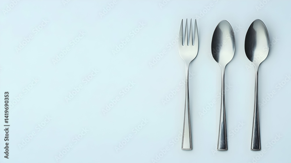 Silverware Set Against Light Blue Background Silverware Set Against Light Blue Background
