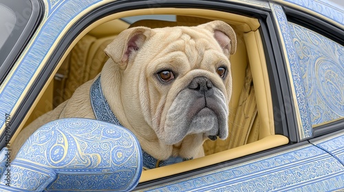 Tan Bulldog in Blue and Yellow Patterned Car Interior