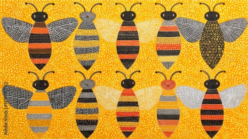 Ten Stylized Bees with Varied Stripe Patterns on Yellow Background