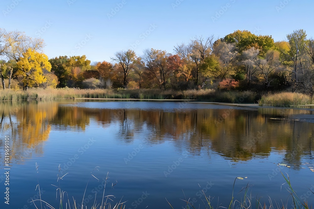 Scenic Lake Reflecting Colorful Autumn Trees Under Clear Blue Sky in Sunlight Scenic Lake Reflecting Colorful Autumn Trees Under Clear Blue Sky in Sunlight