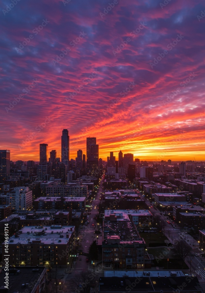 Fototapeta premium Vibrant City Skyline at Sunset with Dramatic Colors