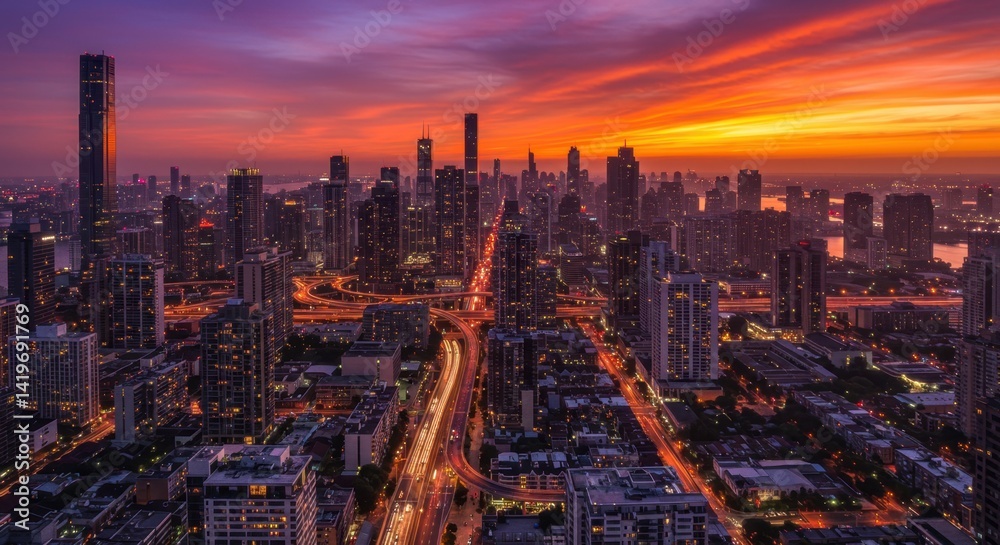 Fototapeta premium Vibrant City Skyline at Sunset with Glowing Lights