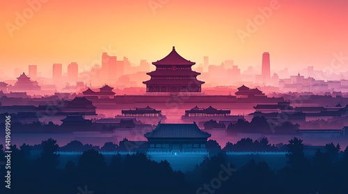 Beijing in silhouette featuring Temple of Heaven, Forbidden City, and modern towers in layered depth, pastel tone gradient background, vector block shadows, stylized historical-modern contrast,