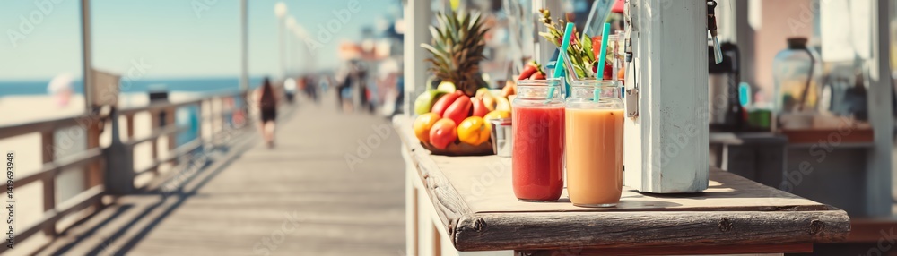 Fototapeta premium Refreshing smoothies at a seaside walkway.