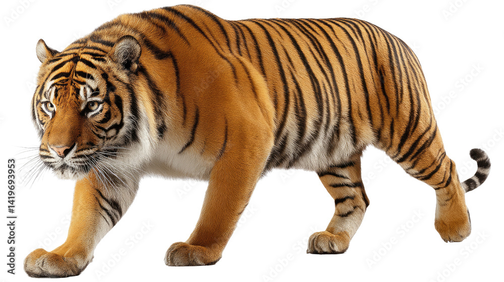 Fototapeta premium Majestic Tiger: A powerful tiger strides with confidence, showcasing its iconic stripes and muscular build, radiating strength and commanding presence.