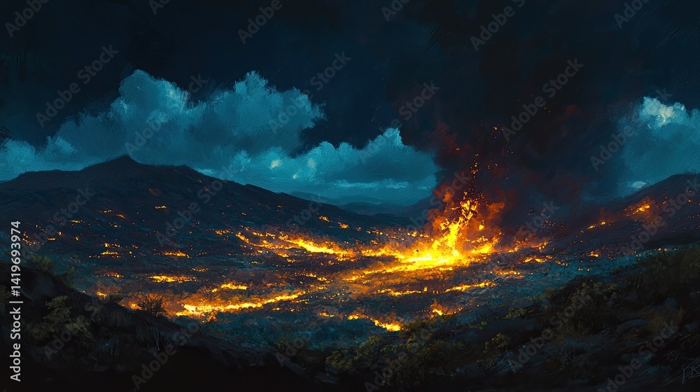 A nighttime eruption with lava flowing down a volcano’s slopes, illuminating the surrounding landscape. The glowing lava contrasts with the dark night sky, creating a dramatic and powerful visual. A nighttime eruption with lava flowing down a volcano’s slopes, illuminating the surrounding landscape. The glowing lava contrasts with the dark night sky, creating a dramatic and powerful visual.