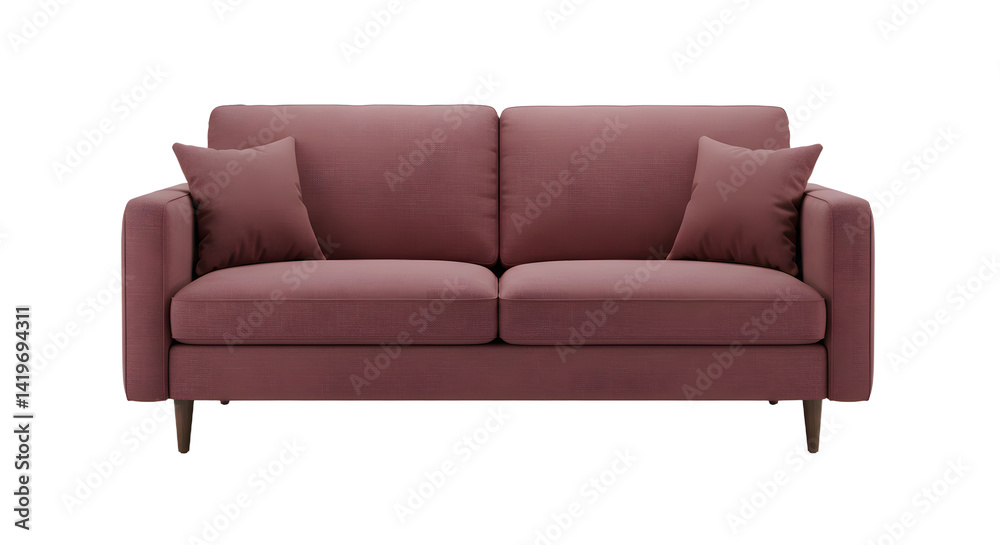 Stylish modern two-seater sofa in a soft pink hue with plush cushions, set against a minimalist background for interior design inspiration Stylish modern two-seater sofa in a soft pink hue with plush cushions, set against a minimalist background for interior design inspiration