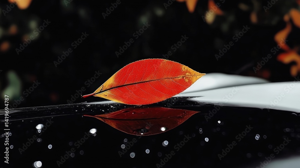 Vibrant autumn leaf resting on a dark surface, reflecting beautifully Vibrant autumn leaf resting on a dark surface, reflecting beautifully