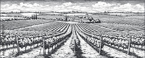 Hand draw vineyard tuscany landscape farm field in monochrome sketch style.