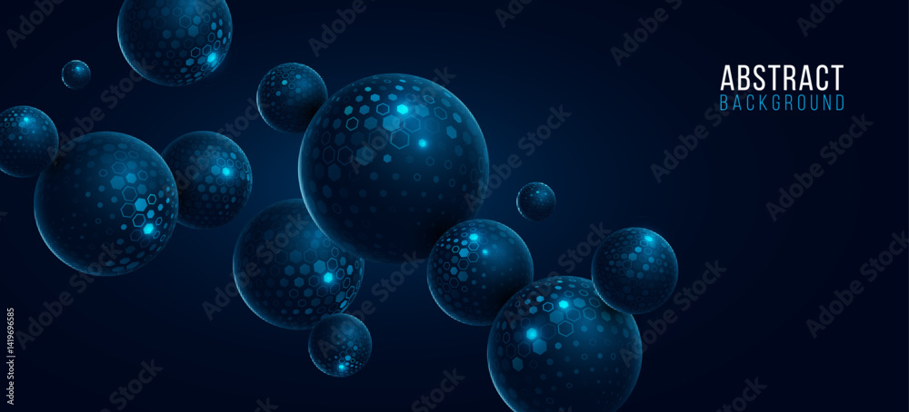 Flying 3d spheres textured with pattern of glowing cyber tech hexagons. Futuristic background for Business or Science online webinar. Abstract backdrop for technological presentation. Vector illustrat Flying 3d spheres textured with pattern of glowing cyber tech hexagons. Futuristic background for Business or Science online webinar. Abstract backdrop for technological presentation. Vector illustrat