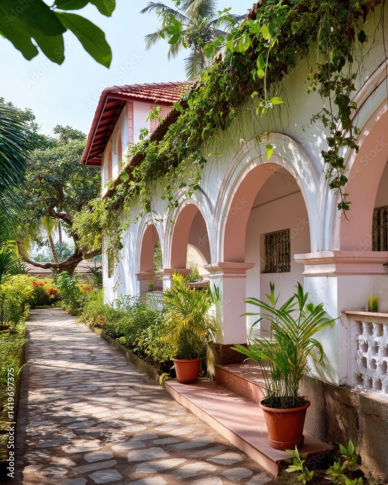 Fototapeta premium Goan heritage house with archways, hanging vines, red tile roof and tropical garden path in sunlight