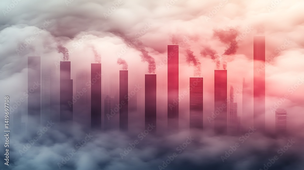 Fototapeta premium Industrial skyline shrouded in thick fog with smoke billowing from factory chimneys at dusk