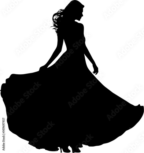 Dancing in the Shadows of Moonlight: A Romantic Silhouette of a Woman in a Flowing Gown, Evoking Dreams, Femininity, and the Enchantment of Special Evenings