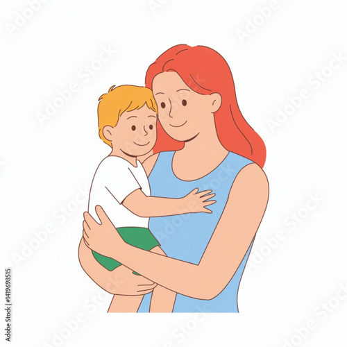  Mother's Day  Illustration.  Mother and Son. Mother Holding Baby In Arms. Mother hugging her son.  isolated on white background. Vector illustration.