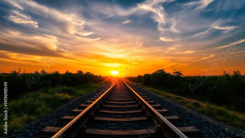A long steel railroad track stretches through the morning countryside under a vast sky, promising a journey of travel and transport