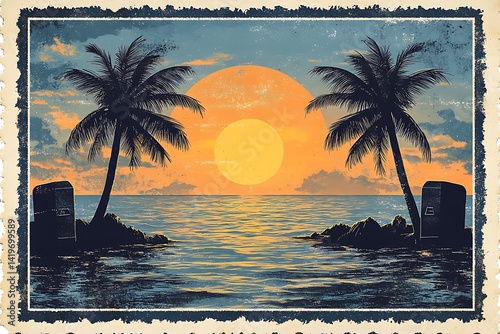Retro sunset beach scene with palm trees and coolers illustration