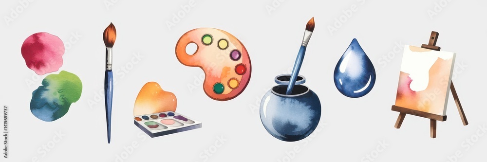 Colorful watercolor art supplies displayed.