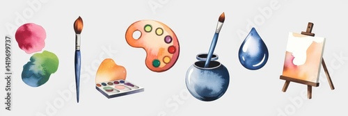 Colorful watercolor art supplies displayed.