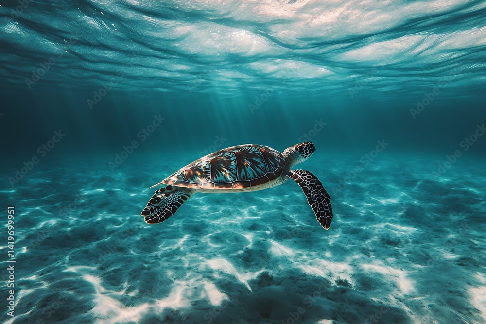 Fototapeta premium Sea Turtle Swimming Underneath Blue Ocean Water With Sunlight Rays