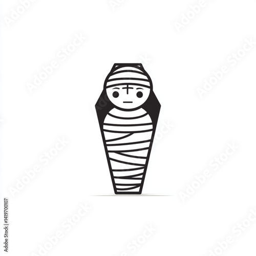 A cartoon mummy wrapped in bandages inside a black coffin on a white background