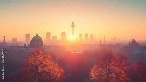 Berlin TV Tower and Reichstag building in silhouette, minimalist skyline layered behind, sunrise casting soft shadows, abstract tree forms in foreground, pastel sky, hd quality, natural look.