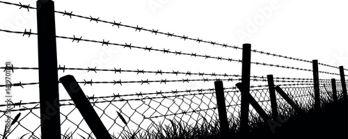 Silhouette of barbed wire and wooden stake on the ground. trench war elements vector background.