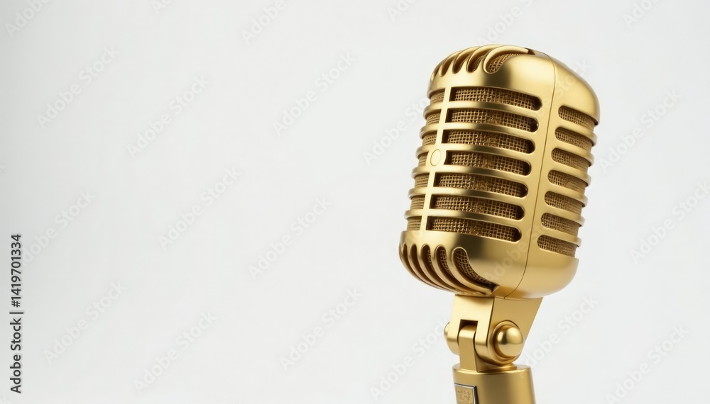 Fototapeta premium Close-up shot of a single gold microphone on white background, simple, vintage