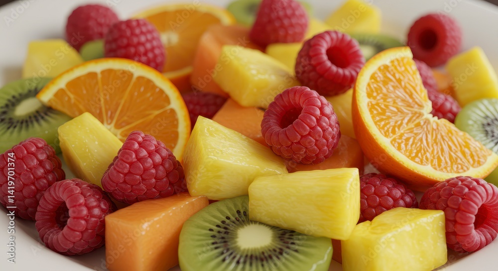 Fresh Fruit Salad with Raspberries Oranges Kiwi and Pineapple for Healthy Eating Fresh Fruit Salad with Raspberries Oranges Kiwi and Pineapple for Healthy Eating