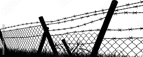 Silhouette of barbed wire and wooden stake on the ground. trench war elements vector background.
