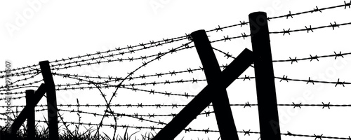 Silhouette of barbed wire and wooden stake on the ground. trench war elements vector background.