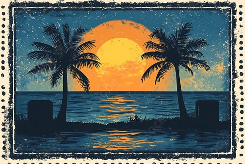 Tropical sunset illustration with palm trees and ocean water graphic style