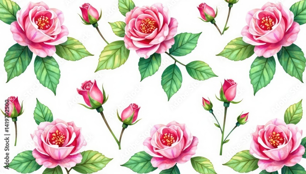 Delicate watercolor rosebuds and leaves, repeating pattern , nature, repeat, stem Delicate watercolor rosebuds and leaves, repeating pattern , nature, repeat, stem