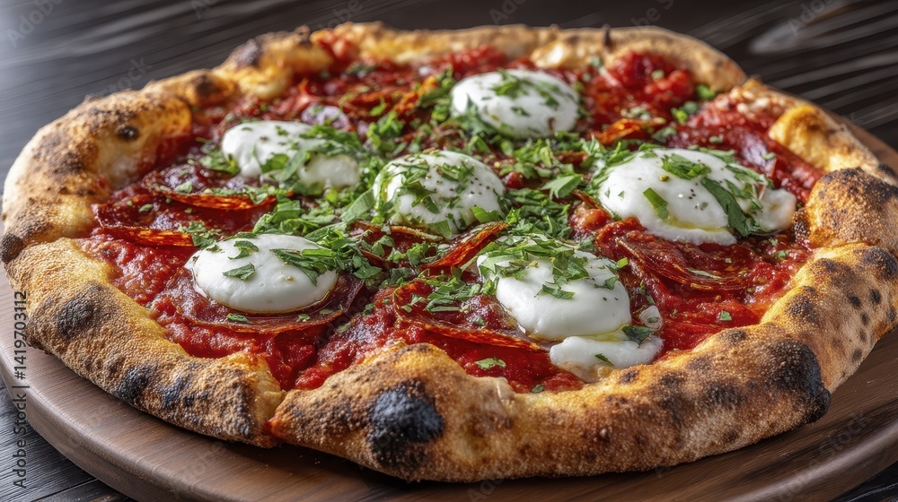 Close-up of a rustic Neapolitan pizza with bubbling mozzarella and fresh basil - appetizing artisan comfort Close-up of a rustic Neapolitan pizza with bubbling mozzarella and fresh basil - appetizing artisan comfort