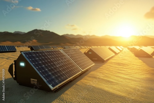Obraz na płótnie Solar panels absorb sunlight in a desert landscape during sunset w salonie