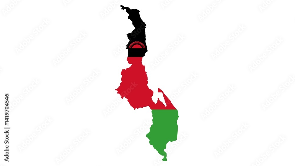 Malawi national flag isolated on white background. Officially the Republic of Malawi, is a landlocked country in Southeastern Africa.