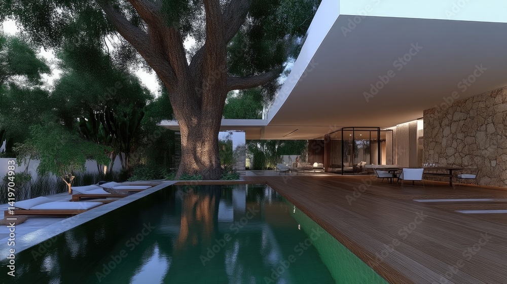Obraz premium Modern home with pool and outdoor living space. Lush landscaping surrounds the property, featuring a large tree and a contemporary design