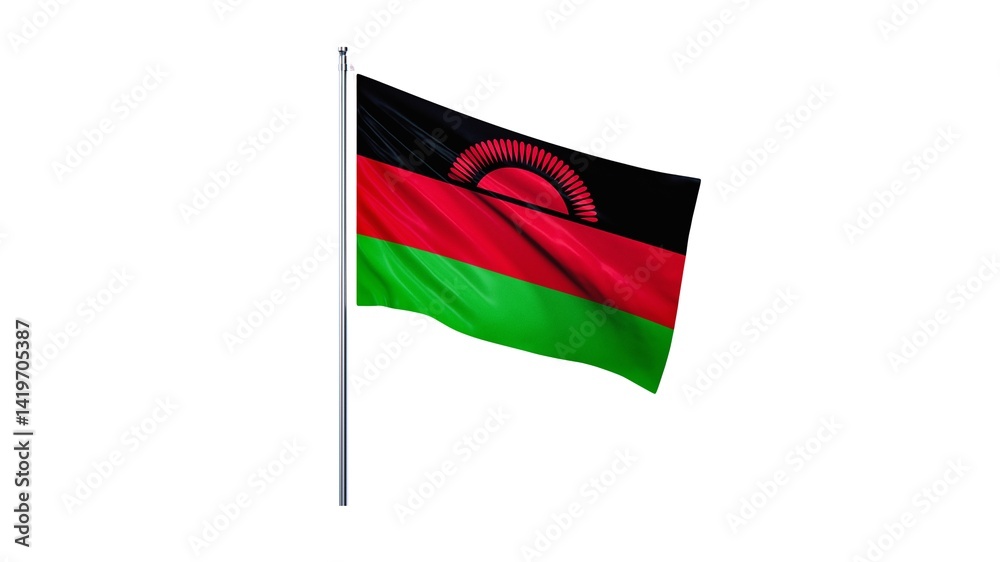 Malawi national flag isolated on white background. Officially the Republic of Malawi, is a landlocked country in Southeastern Africa.