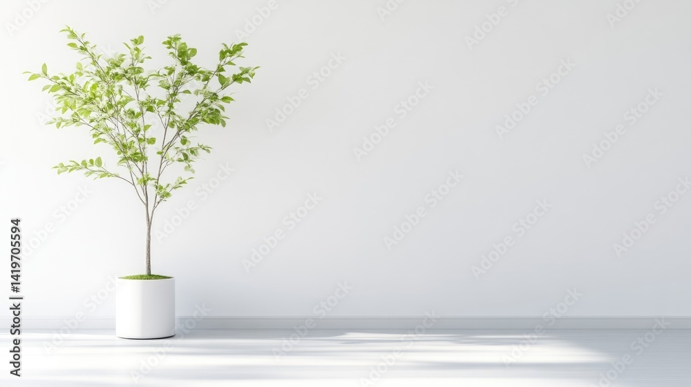 Obraz premium Minimalist indoor plant design. Bright, clean, and modern space showcasing a small potted tree against a blank white wall