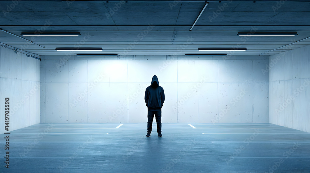 Fototapeta premium Silhouette Of Person In Dark Clothing Inside Empty Garage