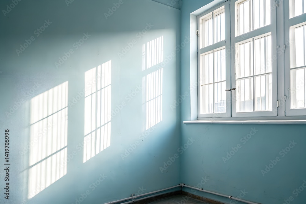 Fototapeta premium Light Streaming Through A White Framed Window Illuminating A Blue Corner Room